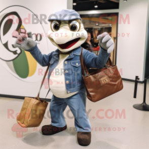 Gray Snake mascot costume character dressed with a Leather Jacket and Tote bags