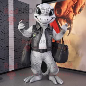 Gray Snake mascot costume character dressed with a Leather Jacket and Tote bags