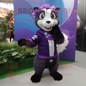 Purple Skunk mascot costume character dressed with a Rash Guard and Keychains