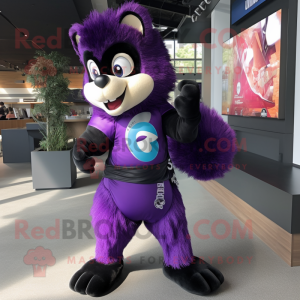 Purple Skunk mascot costume character dressed with a Rash Guard and Keychains