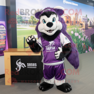Purple Skunk mascot costume character dressed with a Rash Guard and Keychains