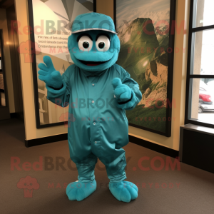 Teal Baseball Glove mascot costume character dressed with a Raincoat and Cummerbunds