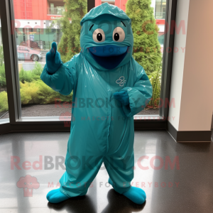 Teal Baseball Glove mascot costume character dressed with a Raincoat and Cummerbunds