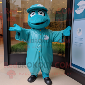 Teal Baseball Glove mascot costume character dressed with a Raincoat and Cummerbunds