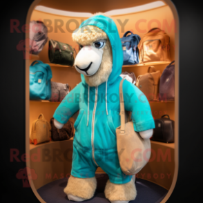 Teal Camel mascot costume character dressed with a Hoodie and Handbags