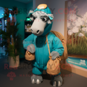 Teal Camel mascot costume character dressed with a Hoodie and Handbags