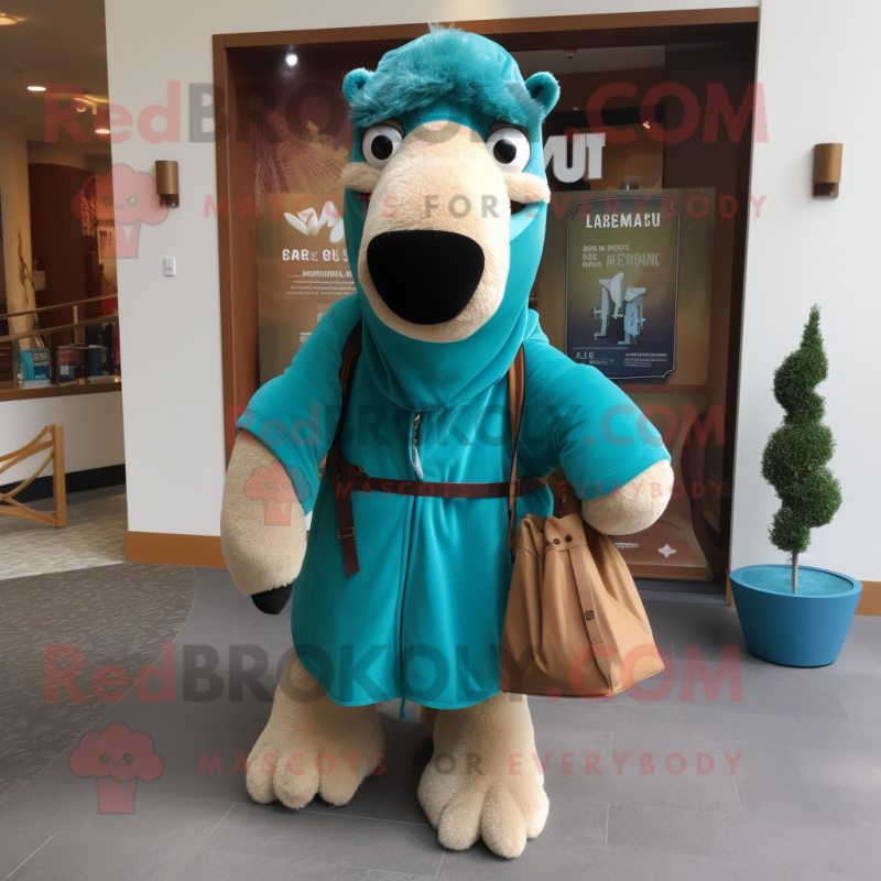 Teal Camel mascot costume character dressed with a Hoodie and Handbags