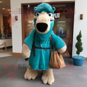 Teal Camel mascot costume character dressed with a Hoodie and Handbags