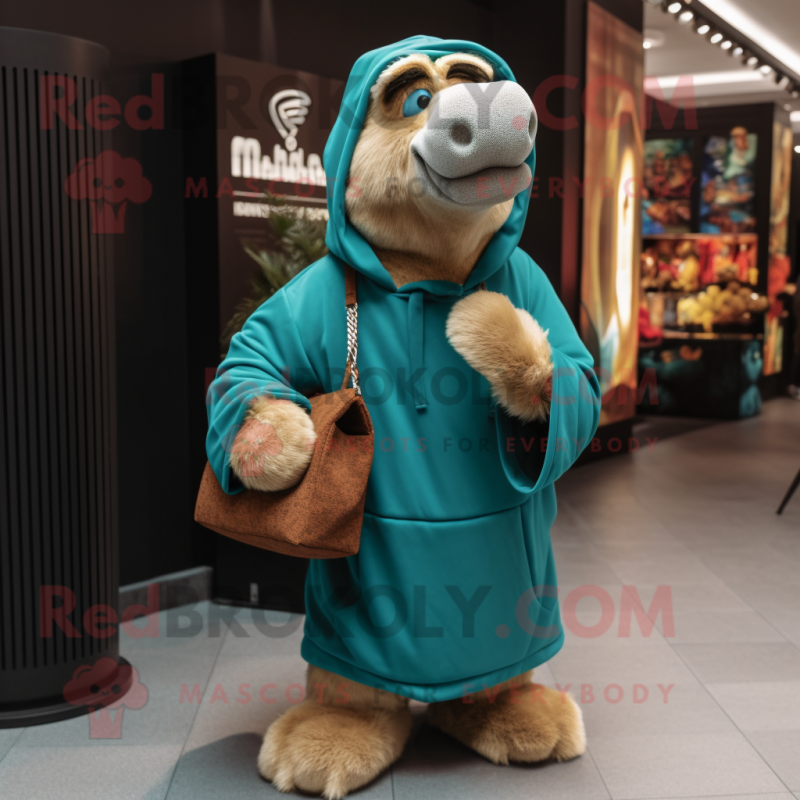 Teal Camel mascot costume character dressed with a Hoodie and Handbags