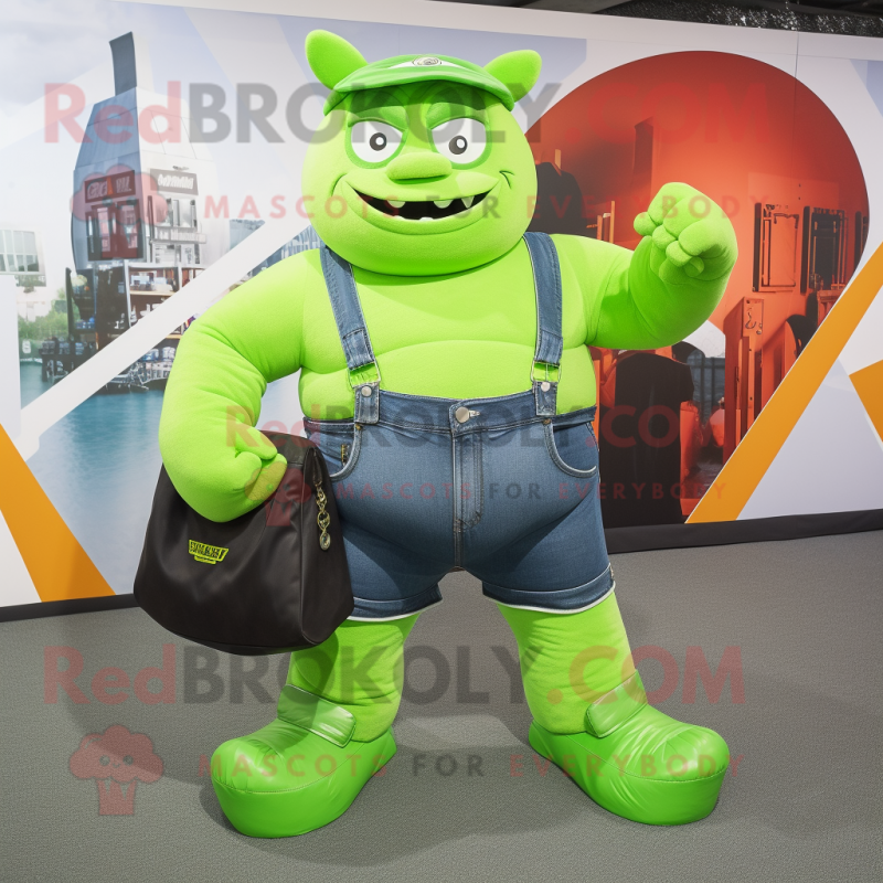 Lime Green Strongman mascot costume character dressed with a Bootcut Jeans and Coin purses