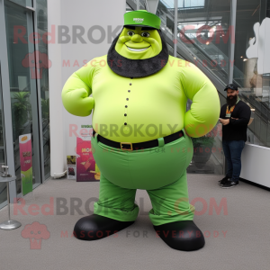 Lime Green Strongman mascot costume character dressed with a Bootcut Jeans and Coin purses