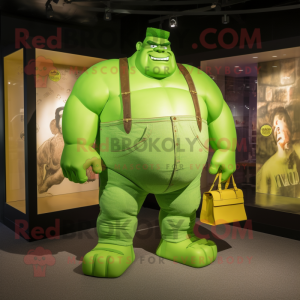 Lime Green Strongman mascot costume character dressed with a Bootcut Jeans and Coin purses