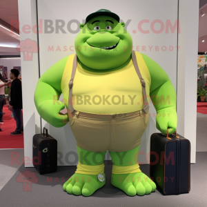Lime Green Strongman mascot costume character dressed with a Bootcut Jeans and Coin purses