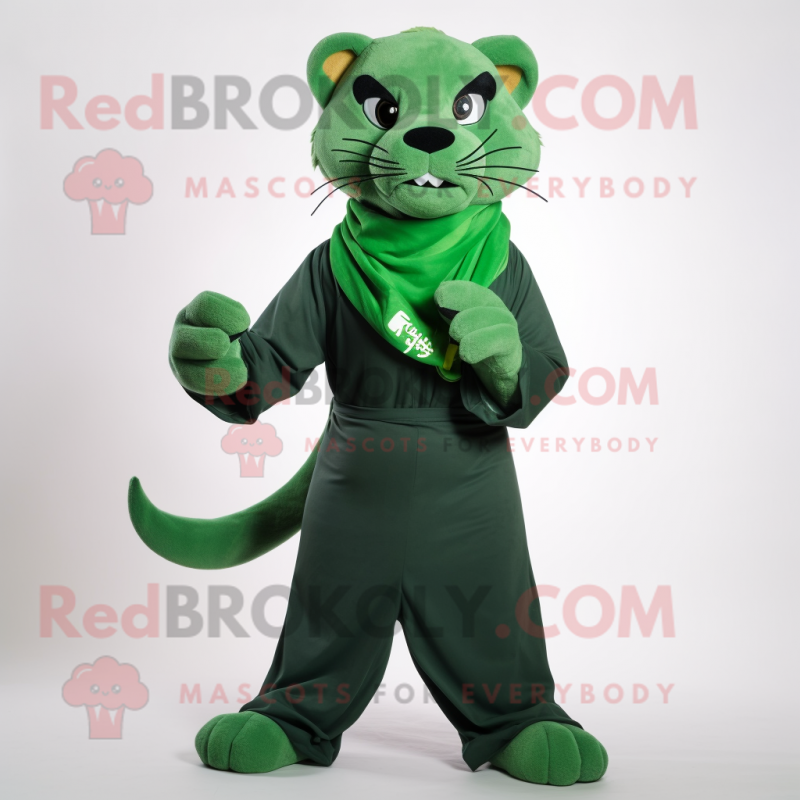 Forest Green Puma mascot costume character dressed with a Jumpsuit and Scarf clips