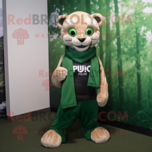 Forest Green Puma mascot costume character dressed with a Jumpsuit and Scarf clips