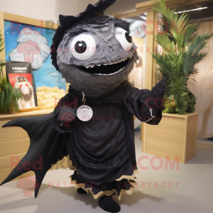 Black Tuna mascot costume character dressed with a Playsuit and Shawls