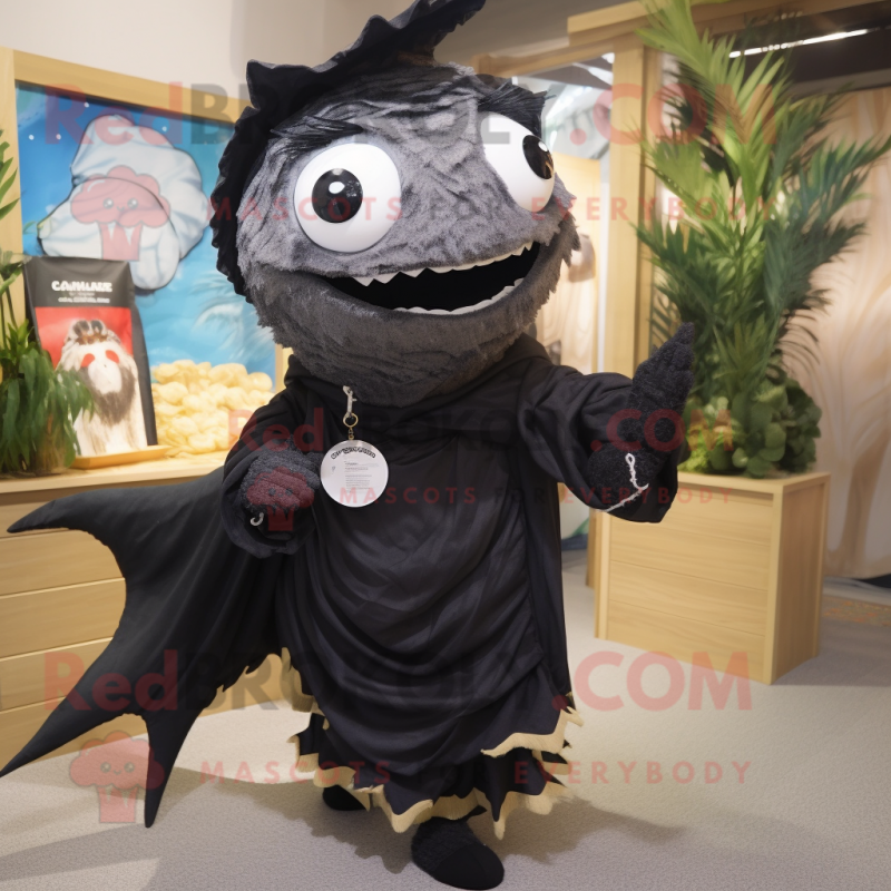 Black Tuna mascot costume character dressed with a Playsuit and Shawls Black Tuna mascot costume character dressed with a Playsuit and Shawls
