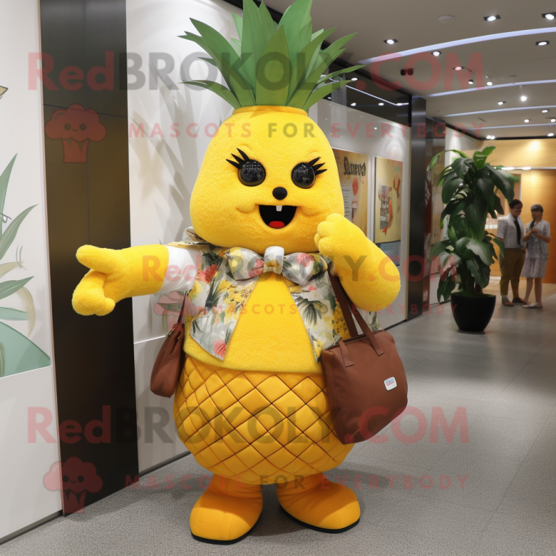 nan Pineapple mascot costume character dressed with a Wrap Skirt and Messenger bags