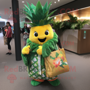 nan Pineapple mascot costume character dressed with a Wrap Skirt and Messenger bags