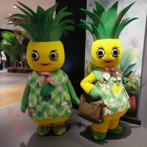 nan Pineapple mascot costume character dressed with a Wrap Skirt and Messenger bags