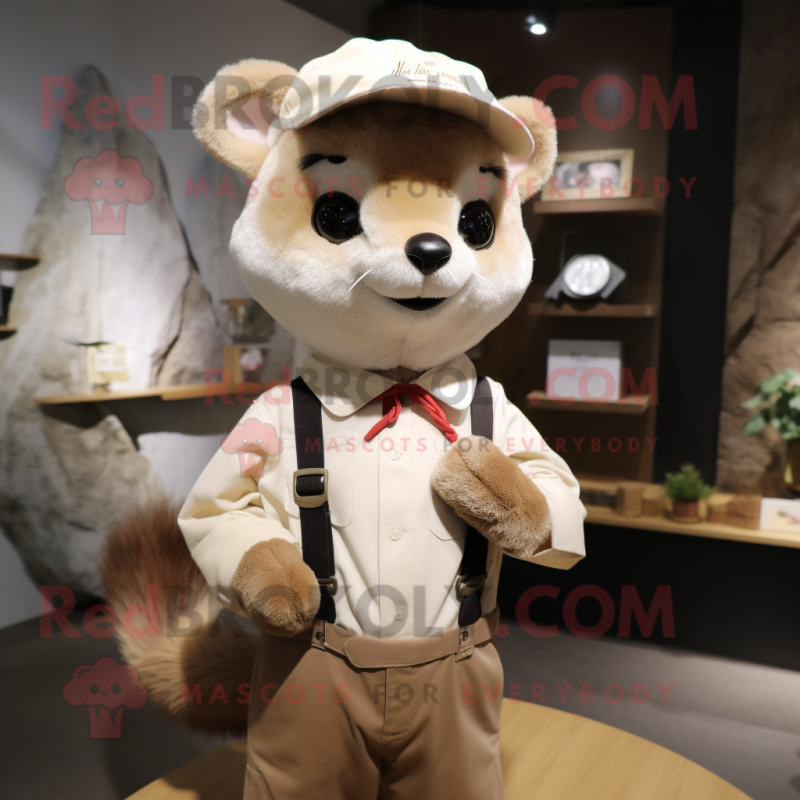 Cream Marten mascot costume character dressed with a Shorts and Suspenders