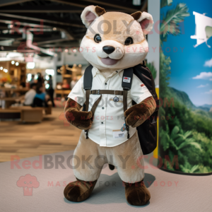 Cream Marten mascot costume character dressed with a Shorts and Suspenders