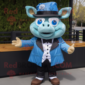 Blue Pulled Pork Sandwich mascot costume character dressed with a Blazer and Bow ties