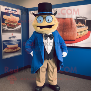 Blue Pulled Pork Sandwich mascot costume character dressed with a Blazer and Bow ties