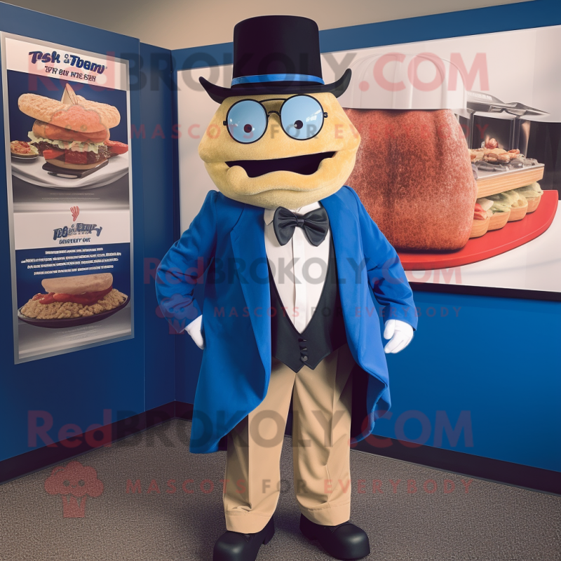 Blue Pulled Pork Sandwich mascot costume character dressed with a Blazer and Bow ties Blue Pulled Pork Sandwich mascot costume character dressed with a Blazer and Bow ties
