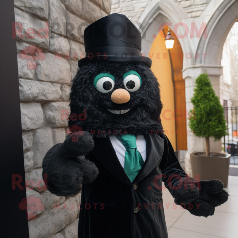 Black Irish Castle mascot costume character dressed with a Suit Jacket and Mittens