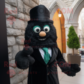 Black Irish Castle mascot costume character dressed with a Suit Jacket and Mittens