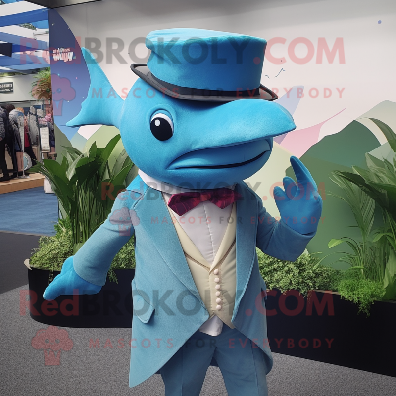 Cyan Swordfish mascot costume character dressed with a Waistcoat and Cufflinks