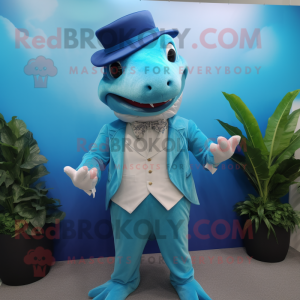 Cyan Swordfish mascot costume character dressed with a Waistcoat and Cufflinks