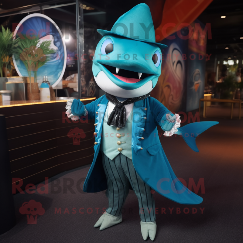 Cyan Swordfish mascot costume character dressed with a Waistcoat and Cufflinks Cyan Swordfish mascot costume character dressed with a Waistcoat and Cufflinks
