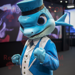 Cyan Swordfish mascot costume character dressed with a Waistcoat and Cufflinks