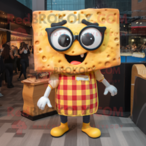 Gold Grilled Cheese Sandwich mascot costume character dressed with a Flannel Shirt and Eyeglasses