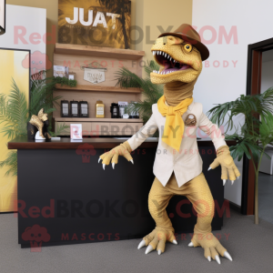 Gold Utahraptor mascot costume character dressed with a Culottes and Lapel pins