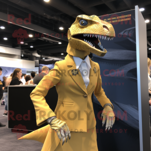 Gold Utahraptor mascot costume character dressed with a Culottes and Lapel pins