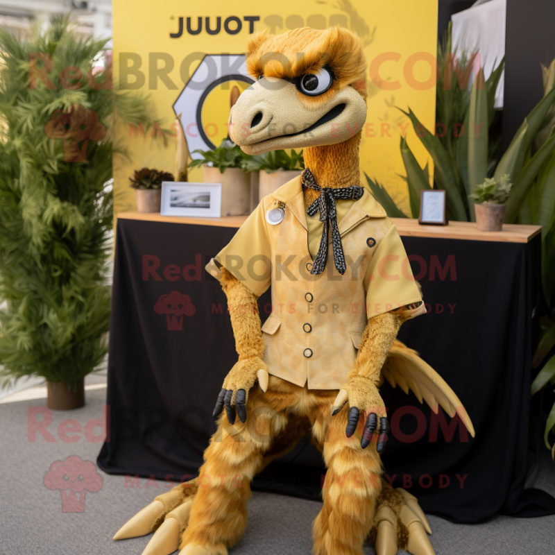 Gold Utahraptor mascot costume character dressed with a Culottes and Lapel pins