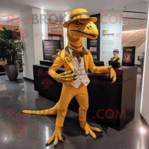 Gold Utahraptor mascot costume character dressed with a Culottes and Lapel pins