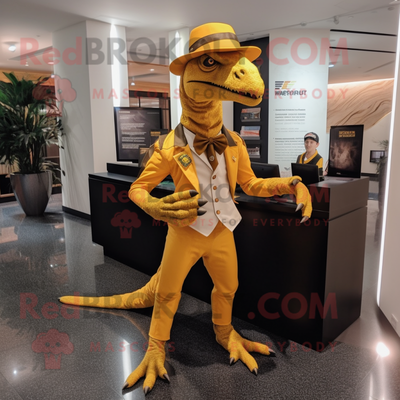 Gold Utahraptor mascot costume character dressed with a Culottes and Lapel pins