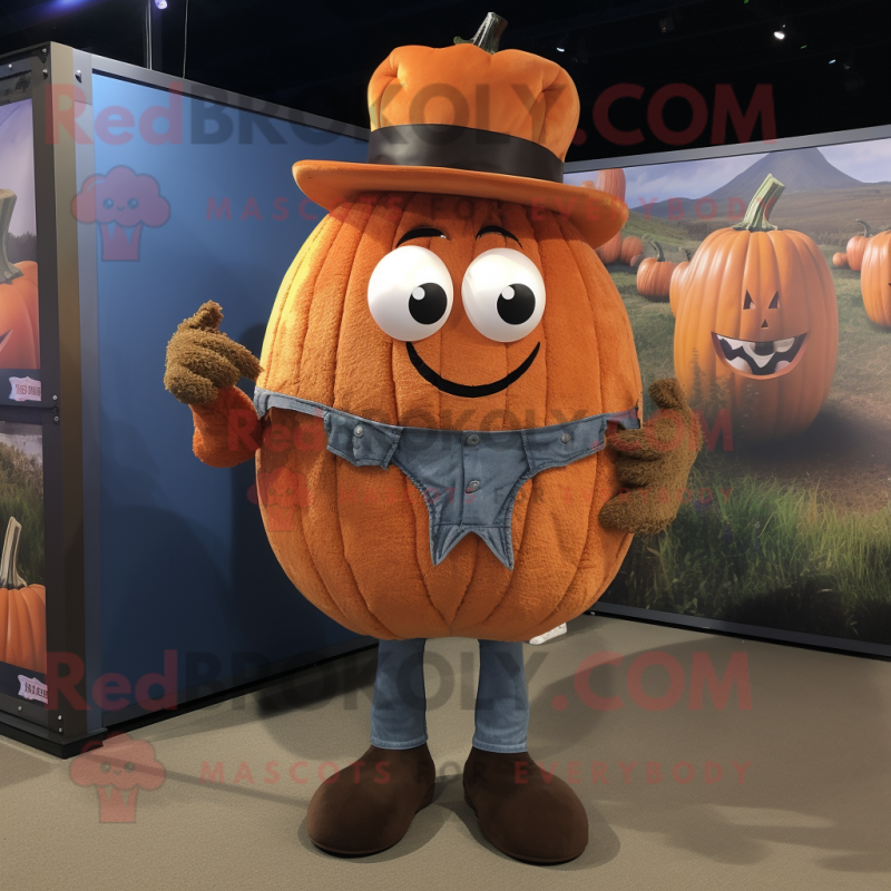 Rust Pumpkin mascot costume character dressed with a Skinny Jeans and Belts Rust Pumpkin mascot costume character dressed with a Skinny Jeans and Belts