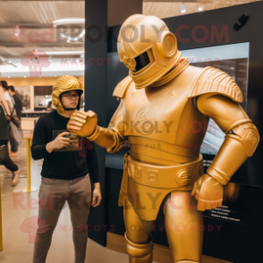 Gold Spartan Soldier mascot costume character dressed with a Turtleneck and Watches