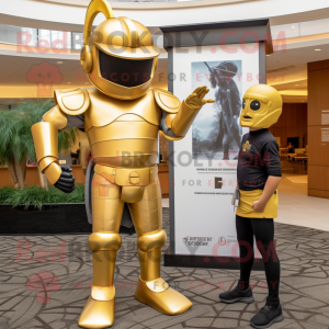 Gold Spartan Soldier mascot costume character dressed with a Turtleneck and Watches
