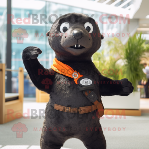 Black Seal mascot costume character dressed with a Polo Tee and Belts