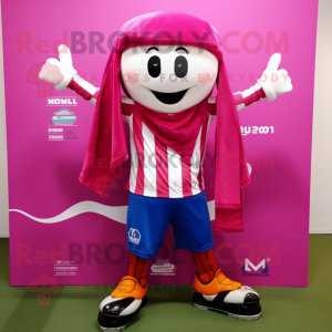 Magenta Soccer Goal mascot costume character dressed with a Waistcoat and Scarf clips