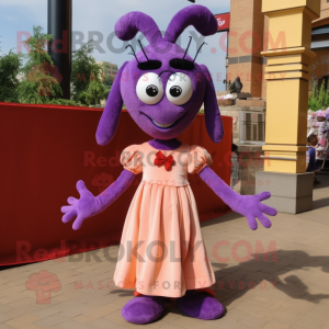 Purple Shrimp Scampi mascot costume character dressed with a Dress and Shoe laces