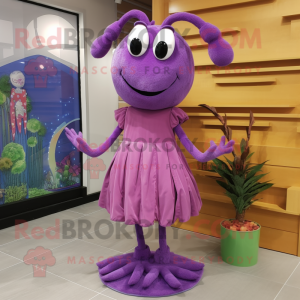 Purple Shrimp Scampi mascot costume character dressed with a Dress and Shoe laces
