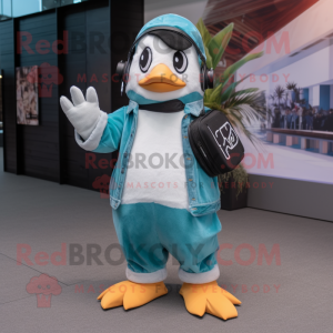 Cyan Penguin mascot costume character dressed with a Dungarees and Bracelets