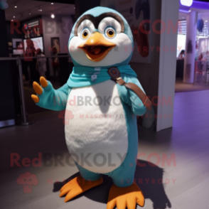 Cyan Penguin mascot costume character dressed with a Dungarees and Bracelets